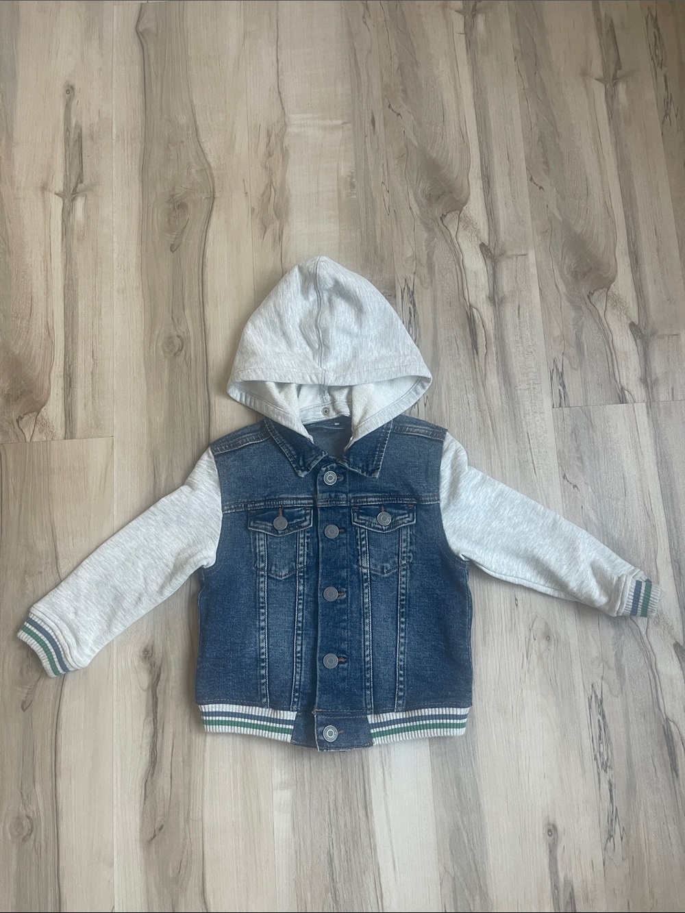 H&M Blue Denim Jacket with Light Gray Hood and Sleeves